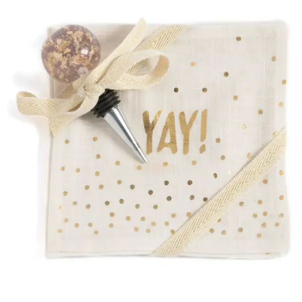 "Pop Fizz Clink Yay" Set of Four Cocktail Napkins And Bottle Stopper Gift Set - Off-White - Shiraleah