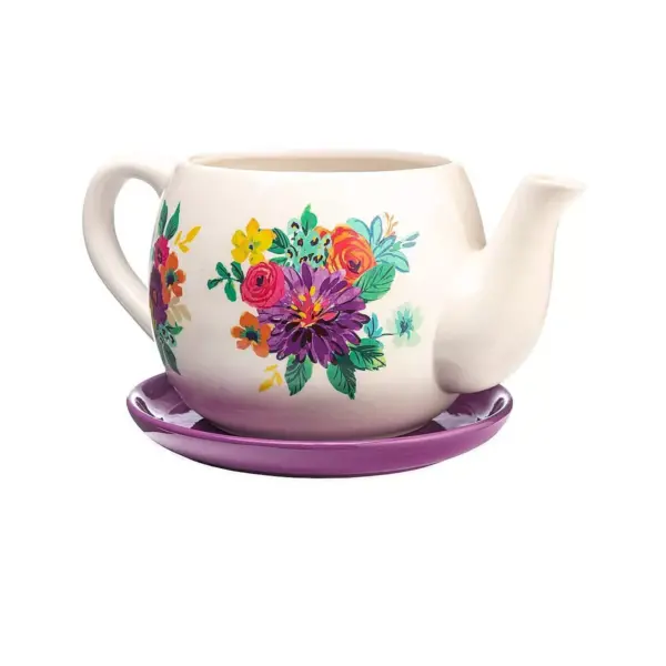 Plow & Hearth Indoor/Outdoor Ceramic Floral Tea Pot Planter with Saucer - Purple